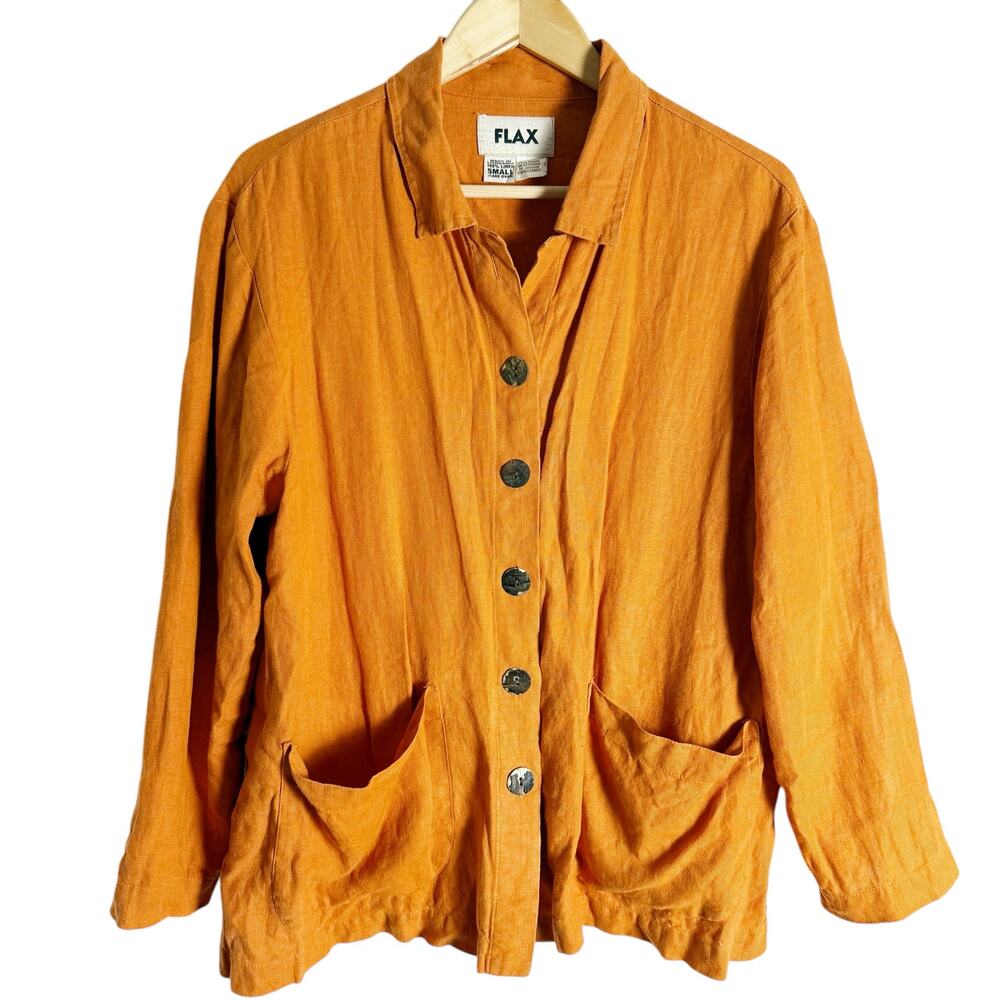 Flax 100% Linen Orange Button Front Shirt Top Size Small
